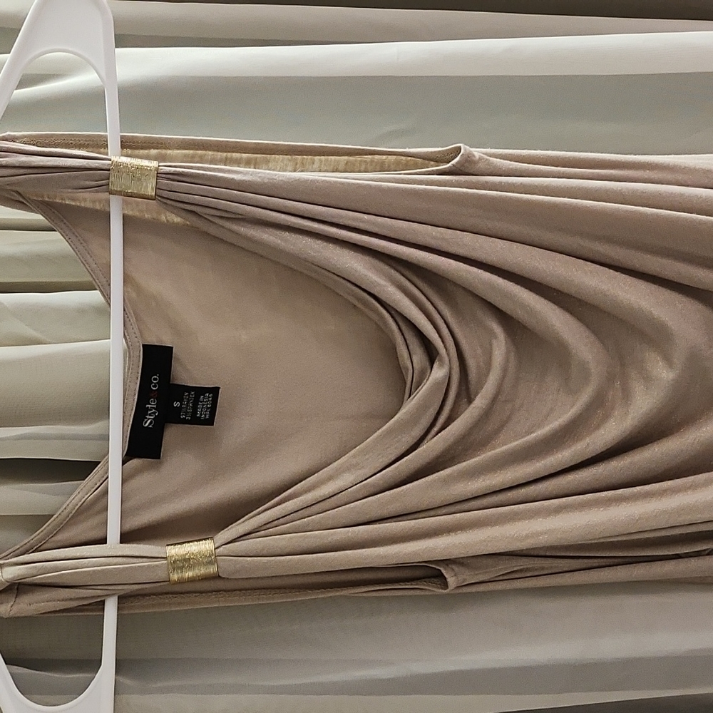 Tan/gold sparkle tank top with gold hardware at top,  small